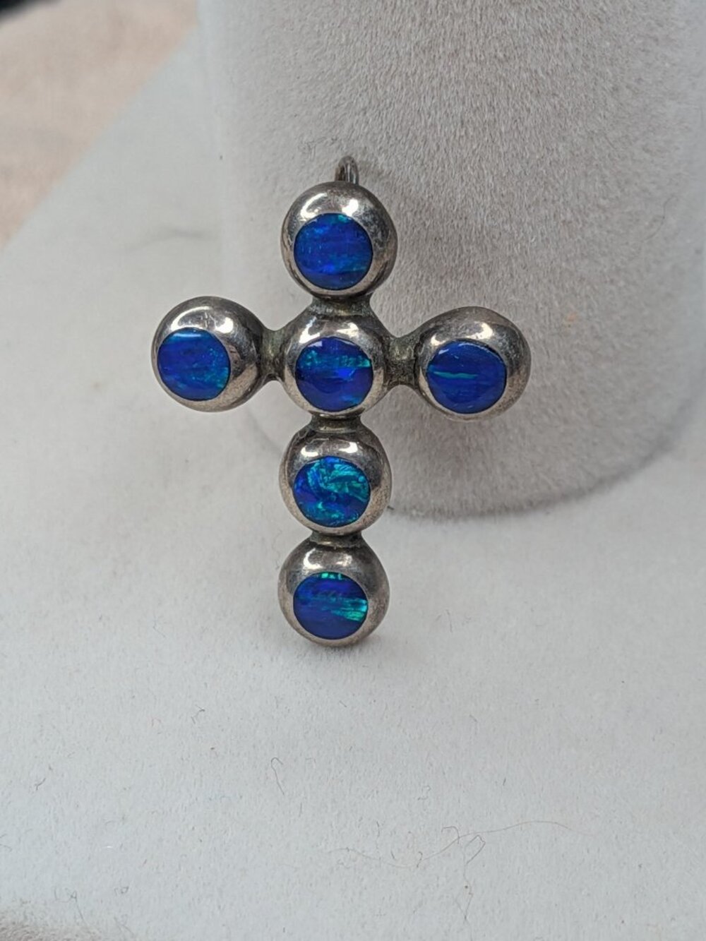 Mexico 925 Sterling Silver Blue Opal Cross Pendant Vintage